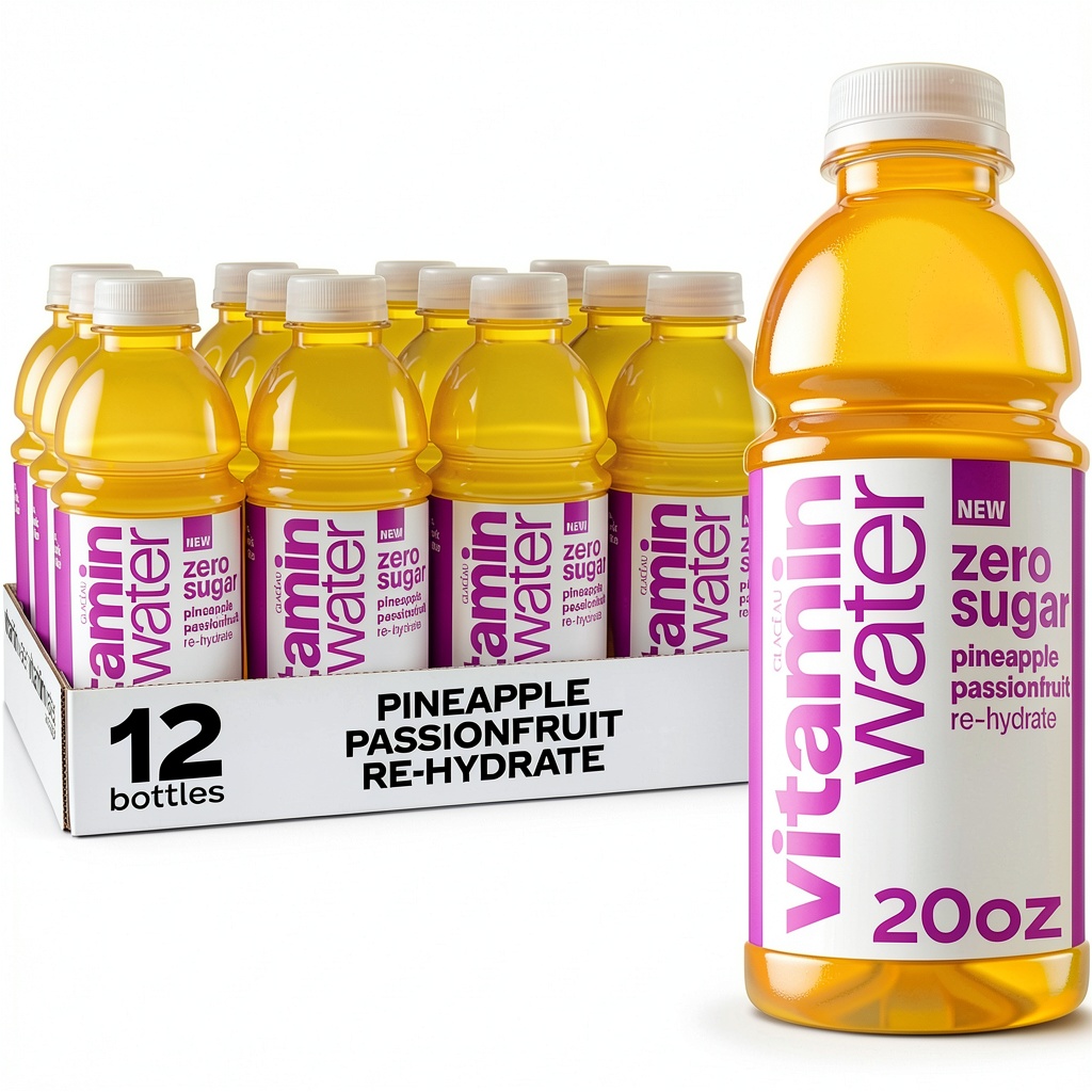 Vitaminwater Zero Pineapple Passionfruit bottle on a gym bench