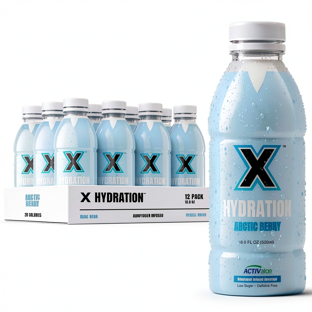 X Hydration Aloe Vera Electrolyte Drink 12 Pack displayed on a wooden kitchen counter